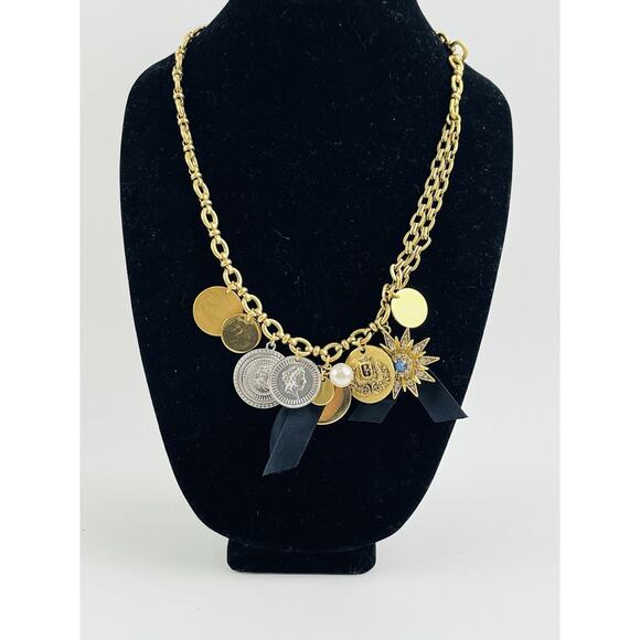 J.Crew Coin Charm Necklace Crystal Star Black Chunky Gold Heavy Rare Unique Disc - Picture 16 of 16